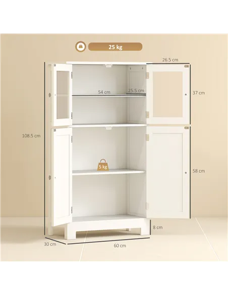 kleankin Bathroom Floor Cabinet, Freestanding Kitchen Cupboard with 2 Drawers, Adjustable Shelves and Tempered Glass Door, Woode