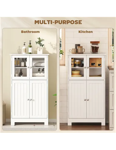 kleankin Bathroom Floor Cabinet, Freestanding Kitchen Cupboard with 2 Drawers, Adjustable Shelves and Tempered Glass Door, Woode