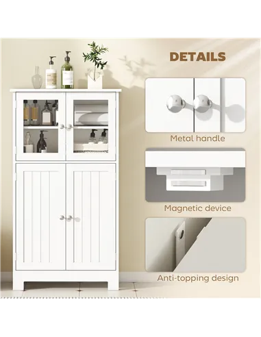 kleankin Bathroom Floor Cabinet, Freestanding Kitchen Cupboard with 2 Drawers, Adjustable Shelves and Tempered Glass Door, Woode