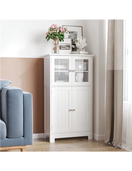 kleankin Bathroom Floor Cabinet, Freestanding Kitchen Cupboard with 2 Drawers, Adjustable Shelves and Tempered Glass Door, Woode