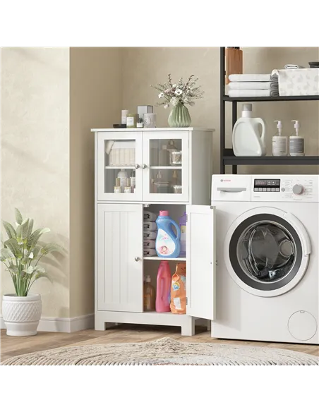kleankin Bathroom Floor Cabinet, Freestanding Kitchen Cupboard with 2 Drawers, Adjustable Shelves and Tempered Glass Door, Woode