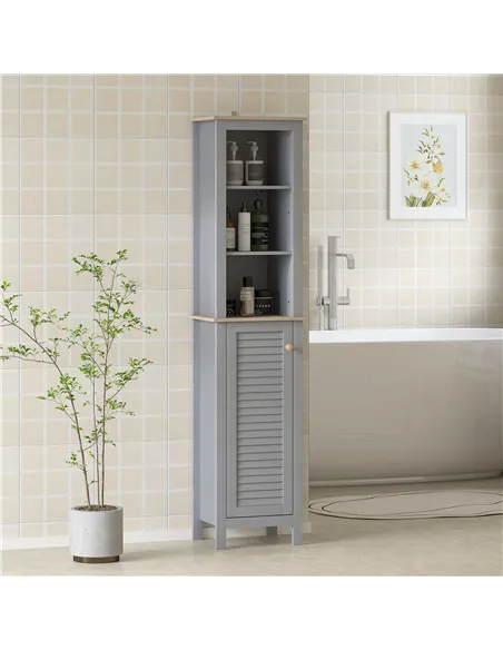 kleankin Bathroom Floor Storage Cabinet with 3 Tier Shelf and Cupboard with Door, Free Standing Linen Tower, Tall Slim Side Orga