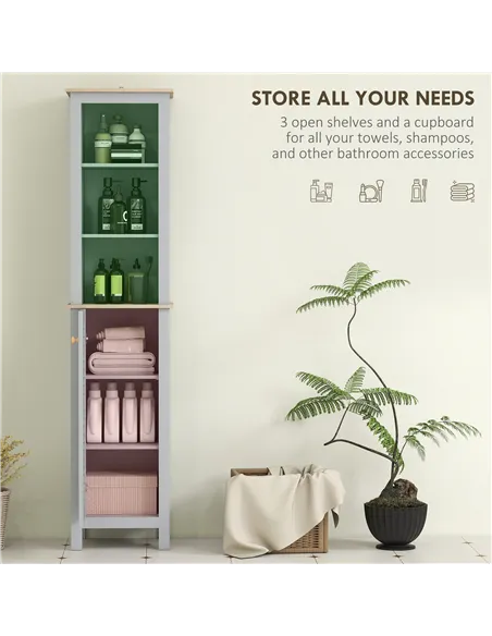 kleankin Bathroom Floor Storage Cabinet with 3 Tier Shelf and Cupboard with Door, Free Standing Linen Tower, Tall Slim Side Orga