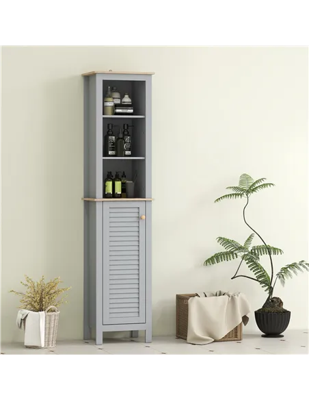 kleankin Bathroom Floor Storage Cabinet with 3 Tier Shelf and Cupboard with Door, Free Standing Linen Tower, Tall Slim Side Orga