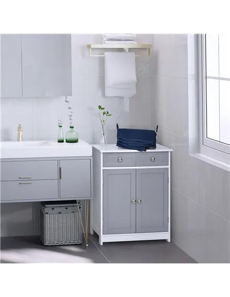 kleankin 75x60cm Freestanding Bathroom Storage Cabinet Unit w/ 2 Drawers Cupboard Adjustable Shelf Metal Handles Traditional Sty