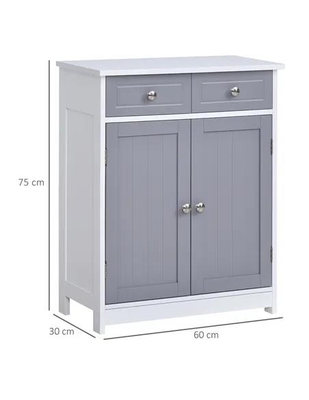 kleankin 75x60cm Freestanding Bathroom Storage Cabinet Unit w/ 2 Drawers Cupboard Adjustable Shelf Metal Handles Traditional Sty