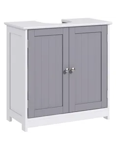 kleankin 60x60cm Under-Sink Storage Cabinet w/ Adjustable Shelf Handles Drain Hole Bathroom Cabinet Space Saver Organizer White 