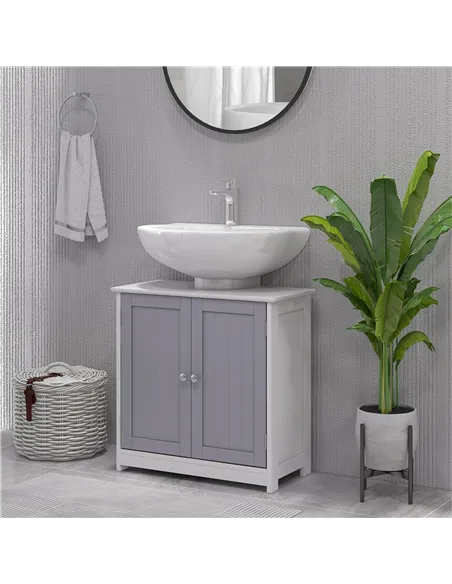kleankin 60x60cm Under-Sink Storage Cabinet w/ Adjustable Shelf Handles Drain Hole Bathroom Cabinet Space Saver Organizer White 