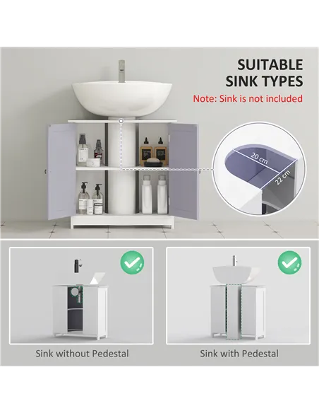 kleankin 60x60cm Under-Sink Storage Cabinet w/ Adjustable Shelf Handles Drain Hole Bathroom Cabinet Space Saver Organizer White 