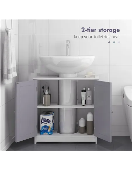 kleankin 60x60cm Under-Sink Storage Cabinet w/ Adjustable Shelf Handles Drain Hole Bathroom Cabinet Space Saver Organizer White 