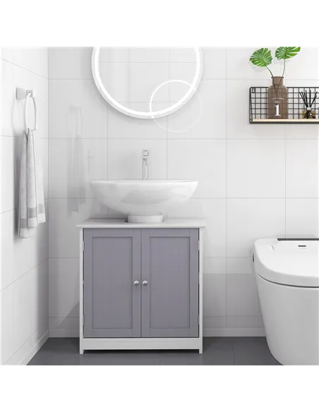 kleankin 60x60cm Under-Sink Storage Cabinet w/ Adjustable Shelf Handles Drain Hole Bathroom Cabinet Space Saver Organizer White 