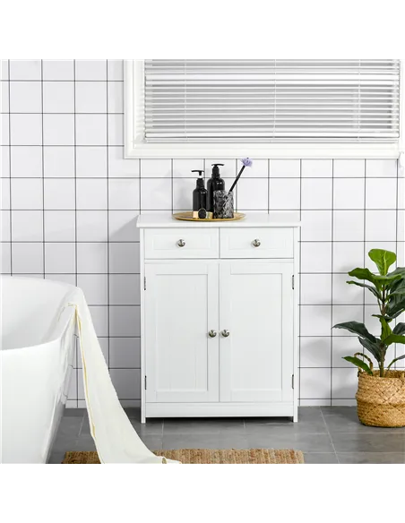 kleankin 75x60cm Freestanding Bathroom Storage Cabinet Unit w/ 2 Drawers Cupboard Adjustable Shelf Metal Handles Traditional Sty