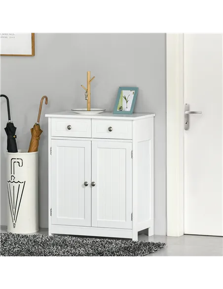 kleankin 75x60cm Freestanding Bathroom Storage Cabinet Unit w/ 2 Drawers Cupboard Adjustable Shelf Metal Handles Traditional Sty