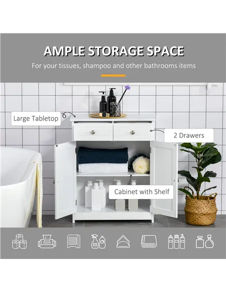 kleankin 75x60cm Freestanding Bathroom Storage Cabinet Unit w/ 2 Drawers Cupboard Adjustable Shelf Metal Handles Traditional Sty