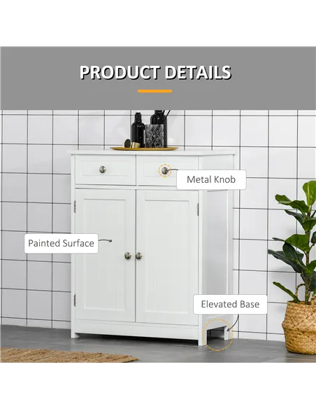 kleankin 75x60cm Freestanding Bathroom Storage Cabinet Unit w/ 2 Drawers Cupboard Adjustable Shelf Metal Handles Traditional Sty