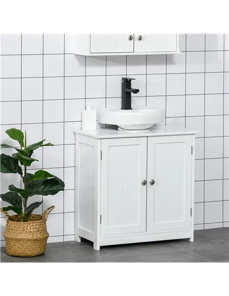 kleankin 60x60cm Under-Sink Storage Cabinet w/ Adjustable Shelf Handles Drain Hole Bathroom Cabinet Space Saver Organizer White