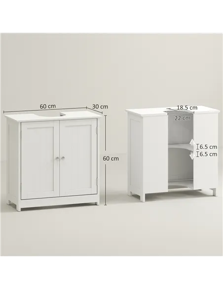 kleankin 60x60cm Under-Sink Storage Cabinet w/ Adjustable Shelf Handles Drain Hole Bathroom Cabinet Space Saver Organizer White