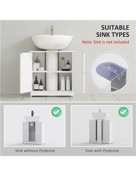 kleankin 60x60cm Under-Sink Storage Cabinet w/ Adjustable Shelf Handles Drain Hole Bathroom Cabinet Space Saver Organizer White