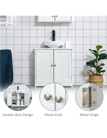 kleankin 60x60cm Under-Sink Storage Cabinet w/ Adjustable Shelf Handles Drain Hole Bathroom Cabinet Space Saver Organizer White
