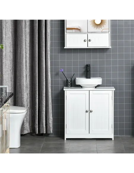 kleankin 60x60cm Under-Sink Storage Cabinet w/ Adjustable Shelf Handles Drain Hole Bathroom Cabinet Space Saver Organizer White