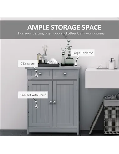 kleankin 75x60cm Freestanding Bathroom Storage Cabinet Unit w/ 2 Drawers Cupboard Adjustable Shelf Metal Handles Traditional Sty