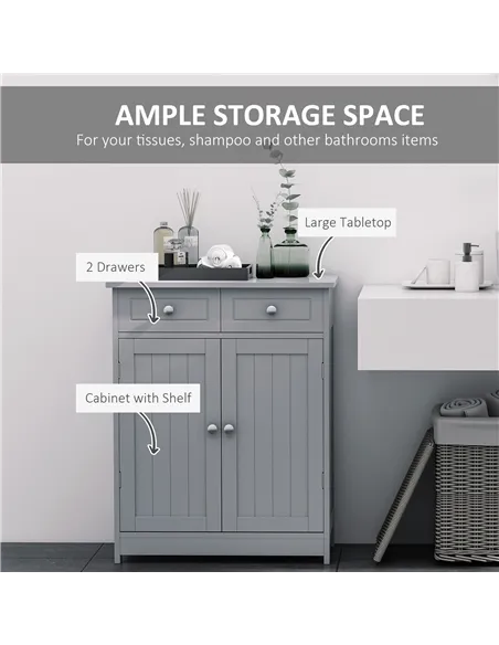 kleankin 75x60cm Freestanding Bathroom Storage Cabinet Unit w/ 2 Drawers Cupboard Adjustable Shelf Metal Handles Traditional Sty