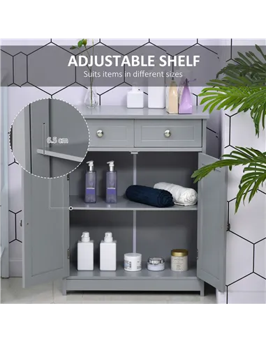 kleankin 75x60cm Freestanding Bathroom Storage Cabinet Unit w/ 2 Drawers Cupboard Adjustable Shelf Metal Handles Traditional Sty