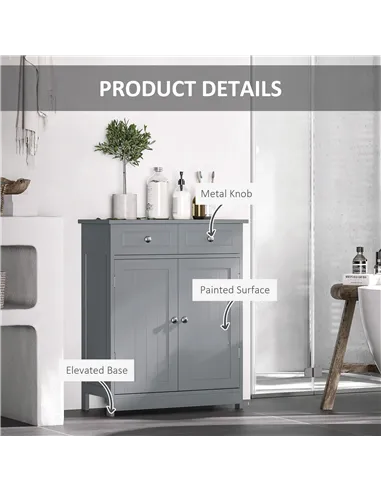 kleankin 75x60cm Freestanding Bathroom Storage Cabinet Unit w/ 2 Drawers Cupboard Adjustable Shelf Metal Handles Traditional Sty