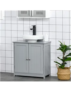 kleankin 60x60cm Under-Sink Storage Cabinet w/ Adjustable Shelf Handles Drain Hole Bathroom Cabinet Space Saver Organizer Grey 2