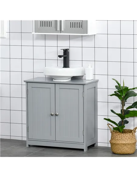 kleankin 60x60cm Under-Sink Storage Cabinet w/ Adjustable Shelf Handles Drain Hole Bathroom Cabinet Space Saver Organizer Grey