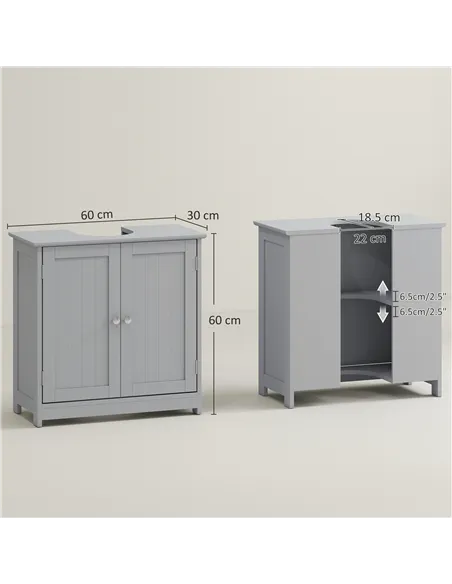kleankin 60x60cm Under-Sink Storage Cabinet w/ Adjustable Shelf Handles Drain Hole Bathroom Cabinet Space Saver Organizer Grey