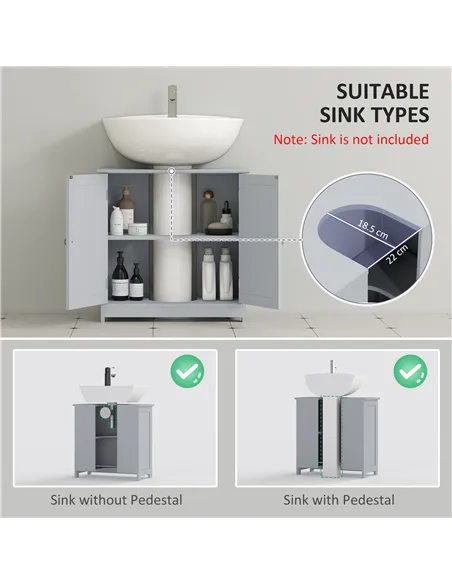 kleankin 60x60cm Under-Sink Storage Cabinet w/ Adjustable Shelf Handles Drain Hole Bathroom Cabinet Space Saver Organizer Grey