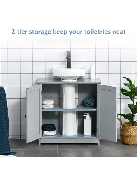 kleankin 60x60cm Under-Sink Storage Cabinet w/ Adjustable Shelf Handles Drain Hole Bathroom Cabinet Space Saver Organizer Grey