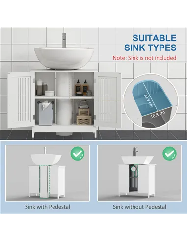 kleankin Modern Under Sink Cabinet with 2 Doors, Bathroom Vanity Unit, Pedestal Under Sink Design, Storage Cupboard with Adjusta