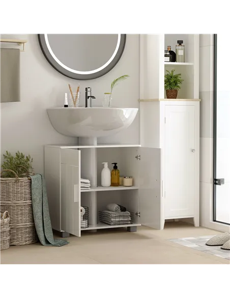kleankin Pedestal Under Sink Cabinet, Modern Bathroom Vanity Unit, Storage Cupboard with Double Doors, Adjustable Shelf, White
