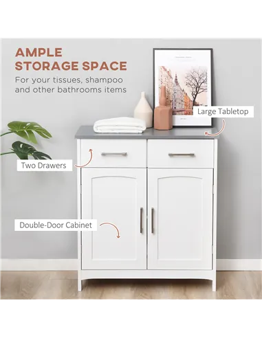 kleankin Freestanding Bathroom Cabinet, Storage Cupboard with 2 Drawers, Double Doors, Adjustable Shelf, White