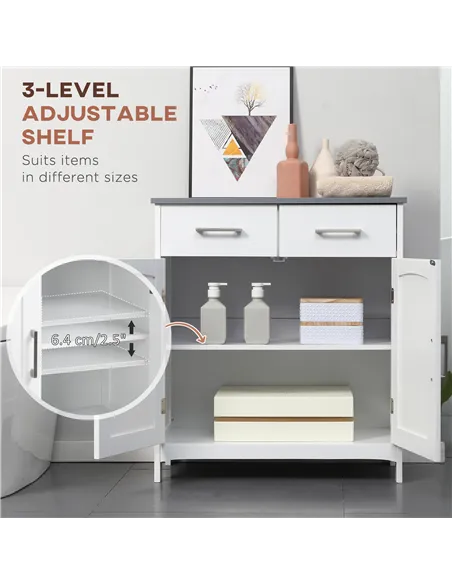 kleankin Freestanding Bathroom Cabinet, Storage Cupboard with 2 Drawers, Double Doors, Adjustable Shelf, White