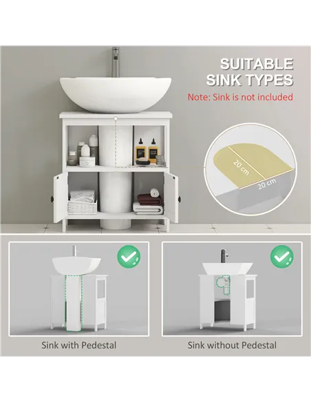 kleankin Pedestal Under Sink Cabinet with Double Doors, Modern Bathroom Vanity Storage Unit with Shelves, White