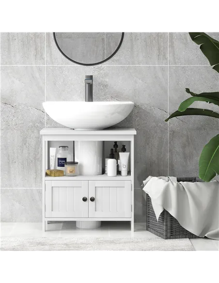 kleankin Pedestal Under Sink Cabinet with Double Doors, Modern Bathroom Vanity Storage Unit with Shelves, White