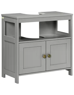 kleankin Pedestal Under Sink Cabinet with Double Doors, Modern Bathroom Vanity Storage Unit with Shelves, Light Grey