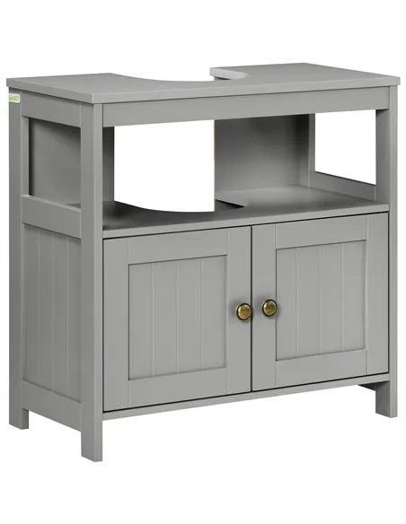kleankin Pedestal Under Sink Cabinet with Double Doors, Modern Bathroom Vanity Storage Unit with Shelves, Light Grey