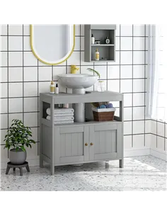 kleankin Pedestal Under Sink Cabinet with Double Doors, Modern Bathroom Vanity Storage Unit with Shelves, Light Grey 2