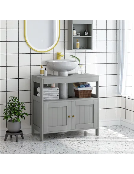 kleankin Pedestal Under Sink Cabinet with Double Doors, Modern Bathroom Vanity Storage Unit with Shelves, Light Grey