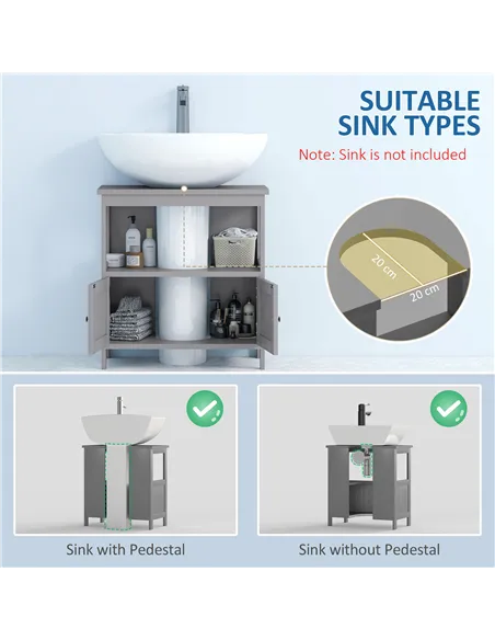 kleankin Pedestal Under Sink Cabinet with Double Doors, Modern Bathroom Vanity Storage Unit with Shelves, Light Grey