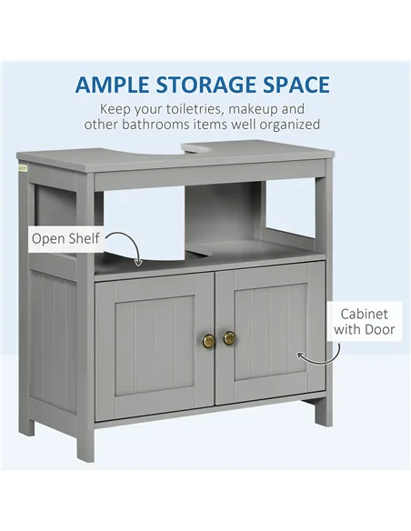 kleankin Pedestal Under Sink Cabinet with Double Doors, Modern Bathroom Vanity Storage Unit with Shelves, Light Grey