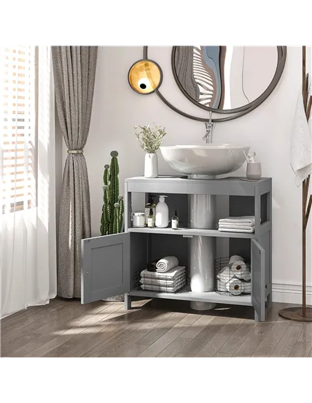 kleankin Pedestal Under Sink Cabinet with Double Doors, Modern Bathroom Vanity Storage Unit with Shelves, Light Grey