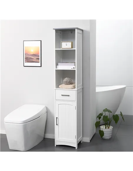 kleankin Tall Bathroom Storage Cabinet with 3 Tier Shelf, Cupboard, Drawer, Door, Freestanding Linen Tower, Slim Side Organizer,