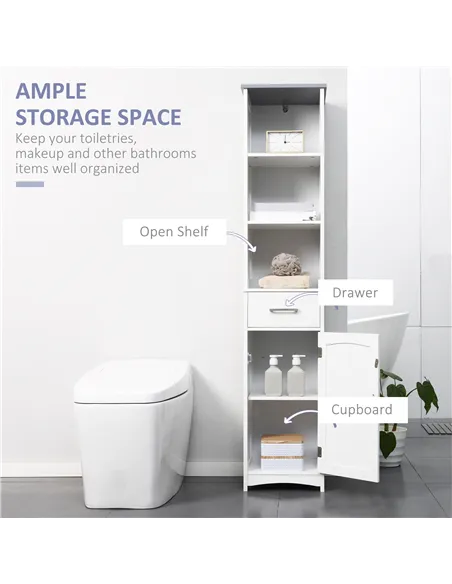 kleankin Tall Bathroom Storage Cabinet with 3 Tier Shelf, Cupboard, Drawer, Door, Freestanding Linen Tower, Slim Side Organizer,