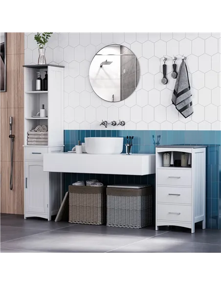 kleankin Tall Bathroom Storage Cabinet with 3 Tier Shelf, Cupboard, Drawer, Door, Freestanding Linen Tower, Slim Side Organizer,