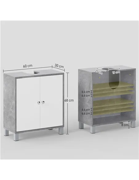kleankin Under Sink Cabinet, Bathroom Vanity Unit, Storage Cupboard with Adjustable Shelves, White and Grey